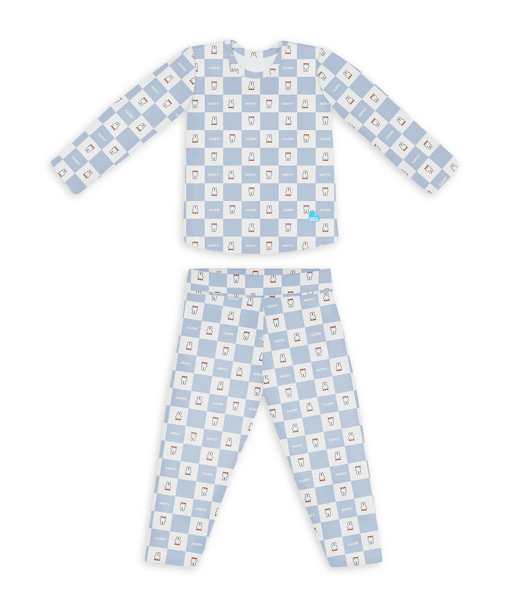 Kids Pajama Set Long Sleeve Snug Fit Viscose from Bamboo Blue Miffy Checker - Image 2