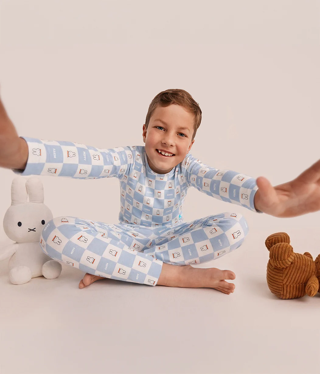 Kids Pajama Set Long Sleeve Snug Fit Viscose from Bamboo Blue Miffy Checker - Image 5