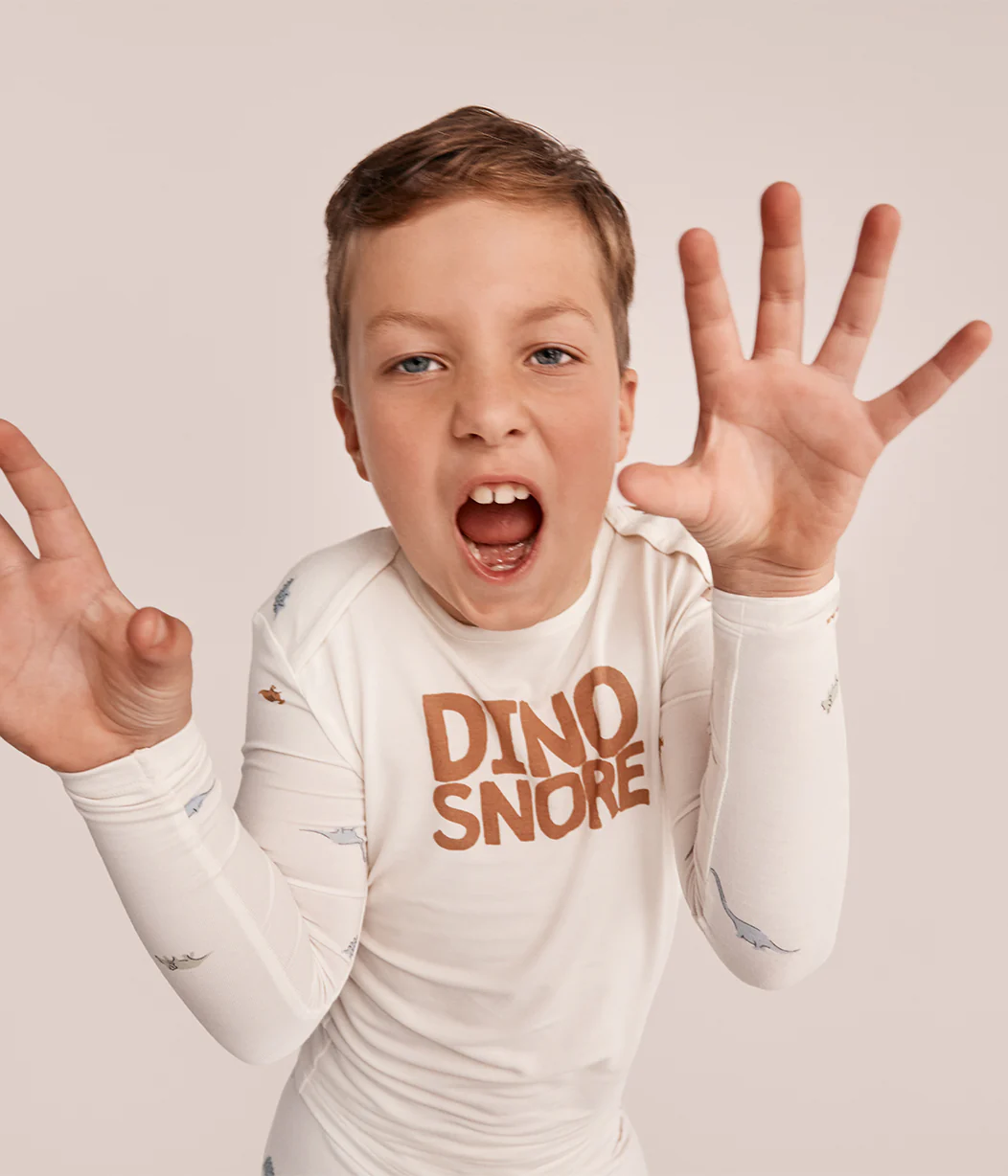 Kids Pajama Set Long Sleeve Snug Fit Viscose from Bamboo Cream Dino Snore - Image 4