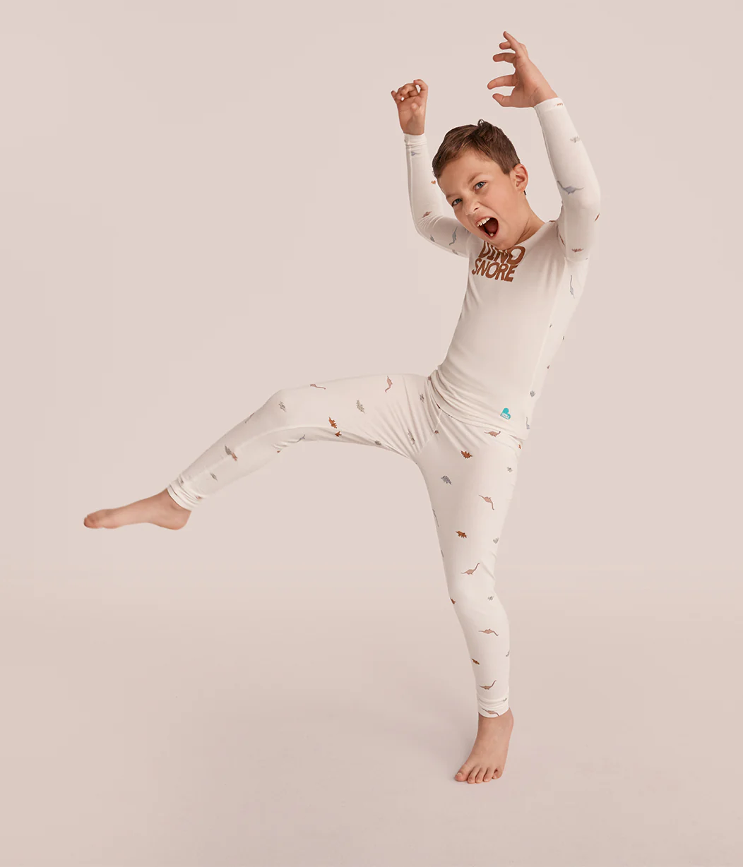 Kids Pajama Set Long Sleeve Snug Fit Viscose from Bamboo Cream Dino Snore - Image 5