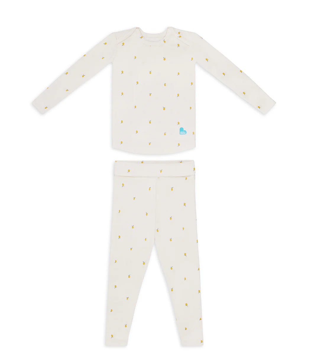 Kids Pajama Set Long Sleeve Snug Fit Viscose from Bamboo Cream Lemons - Image 2