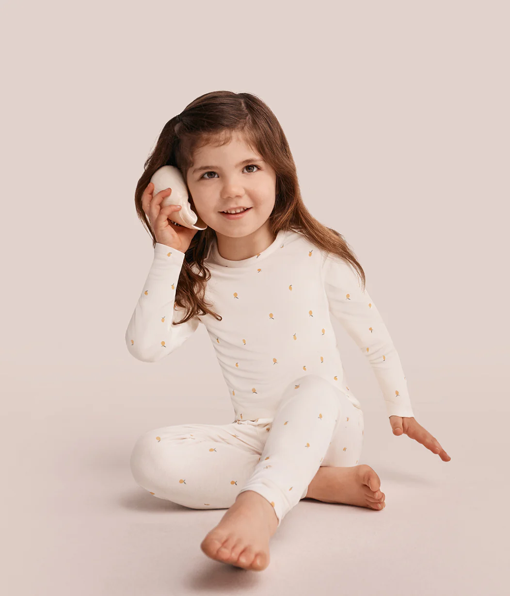 Kids Pajama Set Long Sleeve Snug Fit Viscose from Bamboo Cream Lemons - Image 4