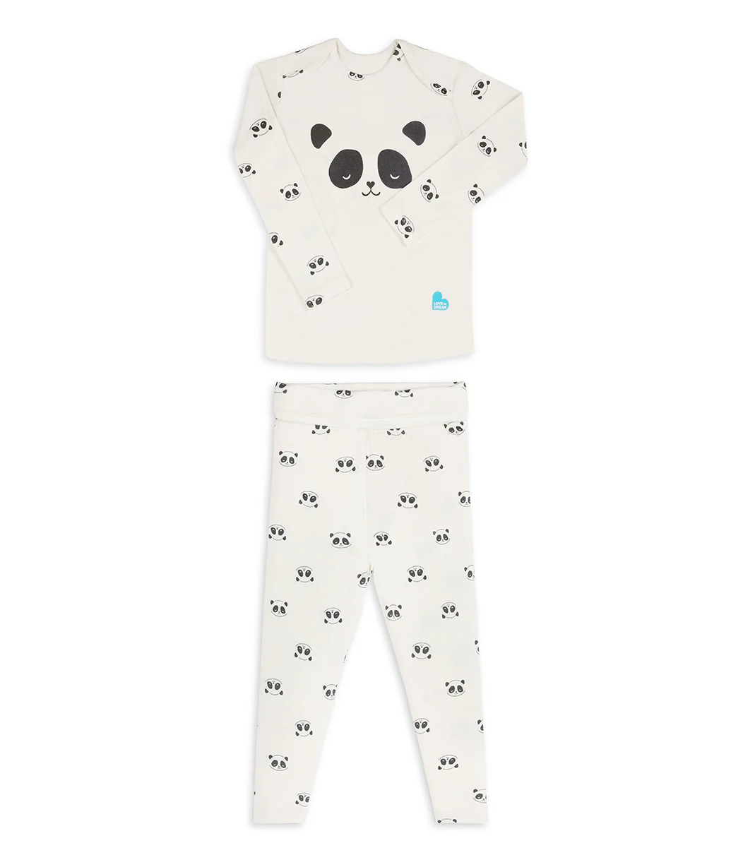 Kids Pajama Set Long Sleeve Snug Fit Viscose from Bamboo Cream Sleepy Pandas - Image 2