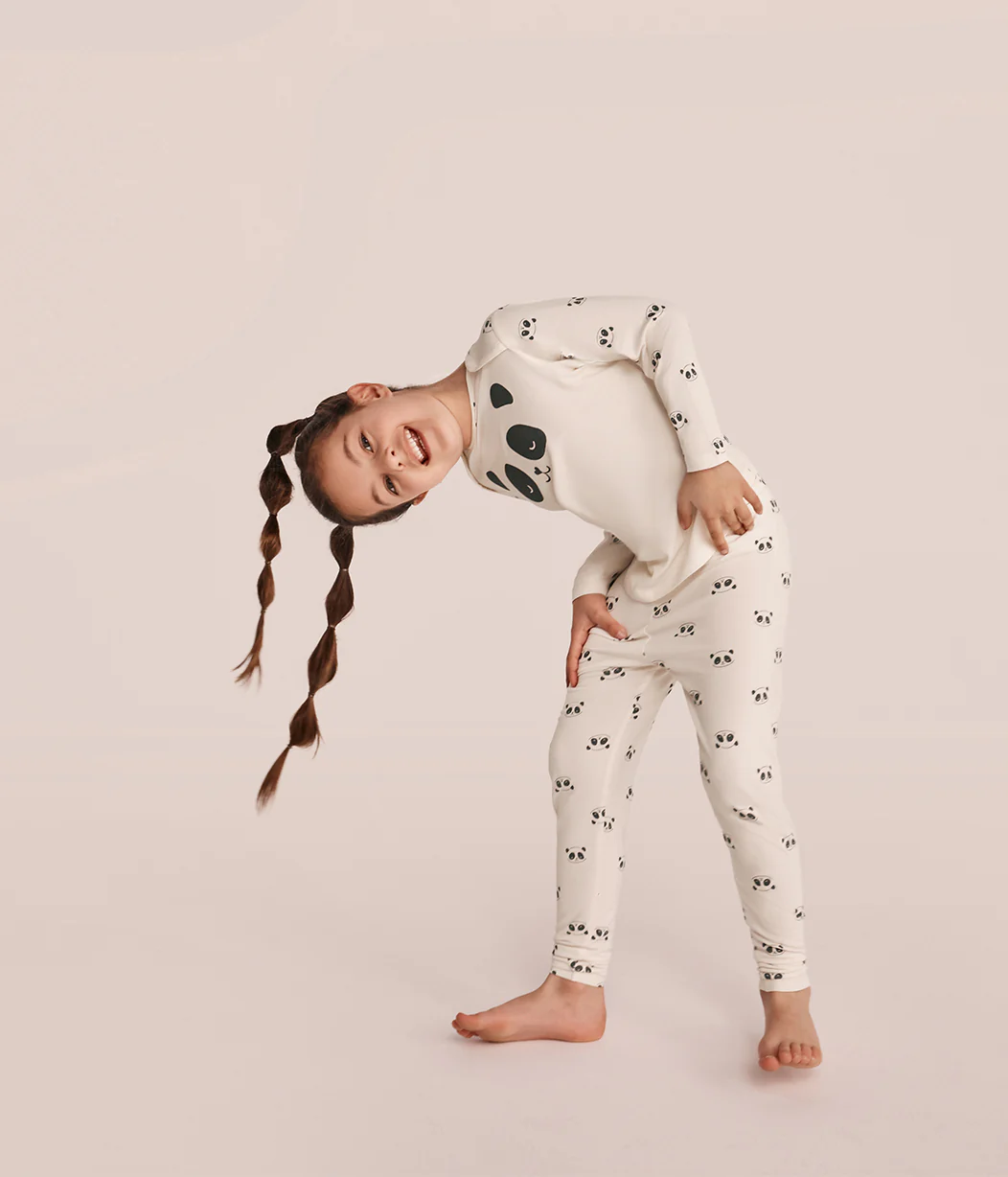 Kids Pajama Set Long Sleeve Snug Fit Viscose from Bamboo Cream Sleepy Pandas - Image 4