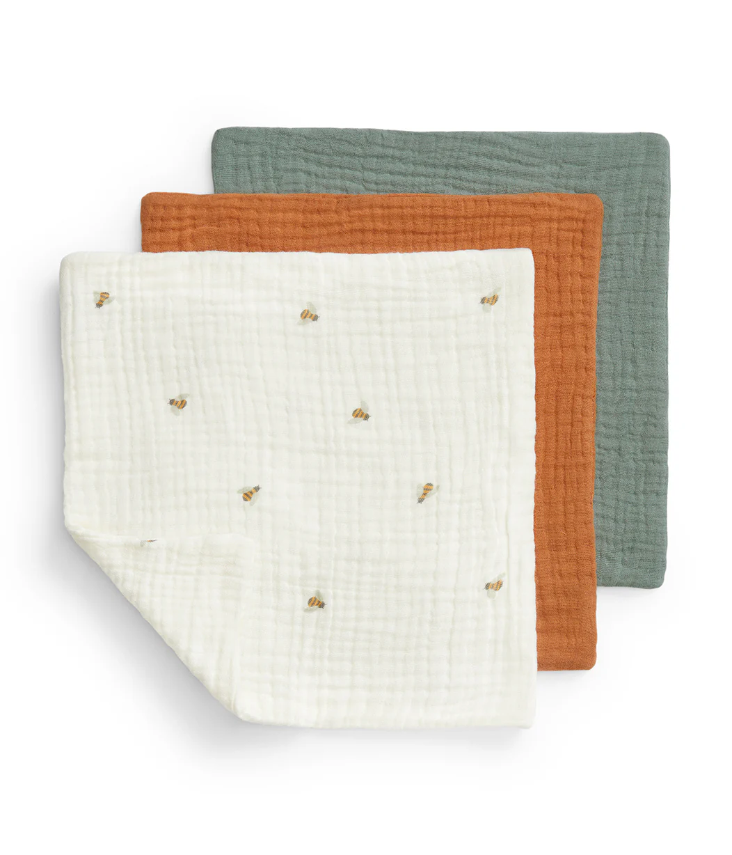 Wash Cloth 3 Pack Muslin Sage Bees - Image 2